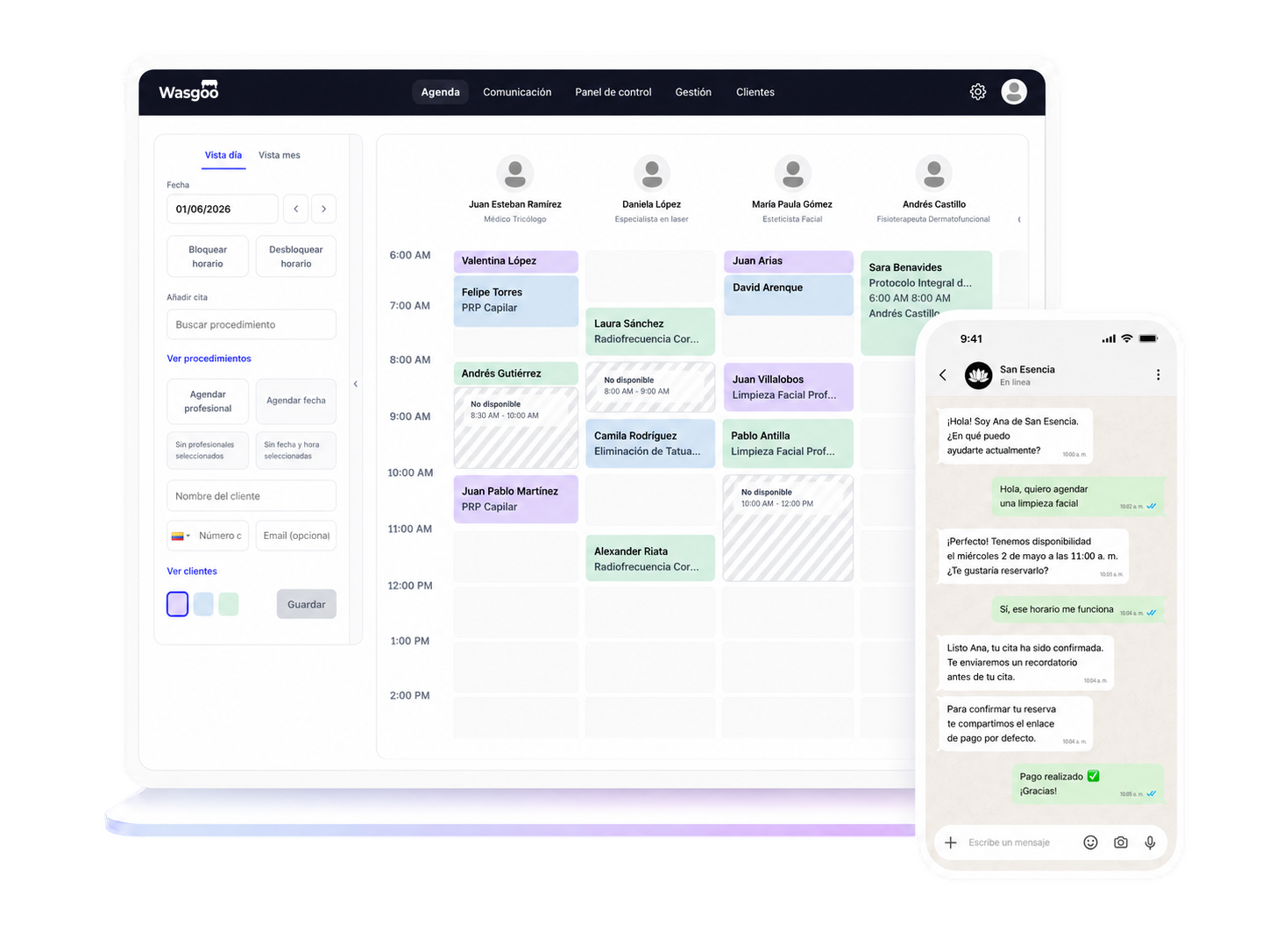 Agenda y conversación de WhatsApp en Wasgoo